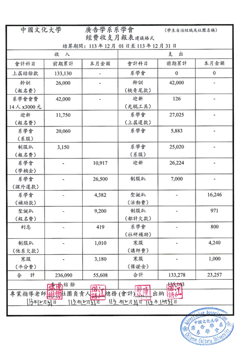 中國文化大學廣告系學會財務報表 113-12月圖片